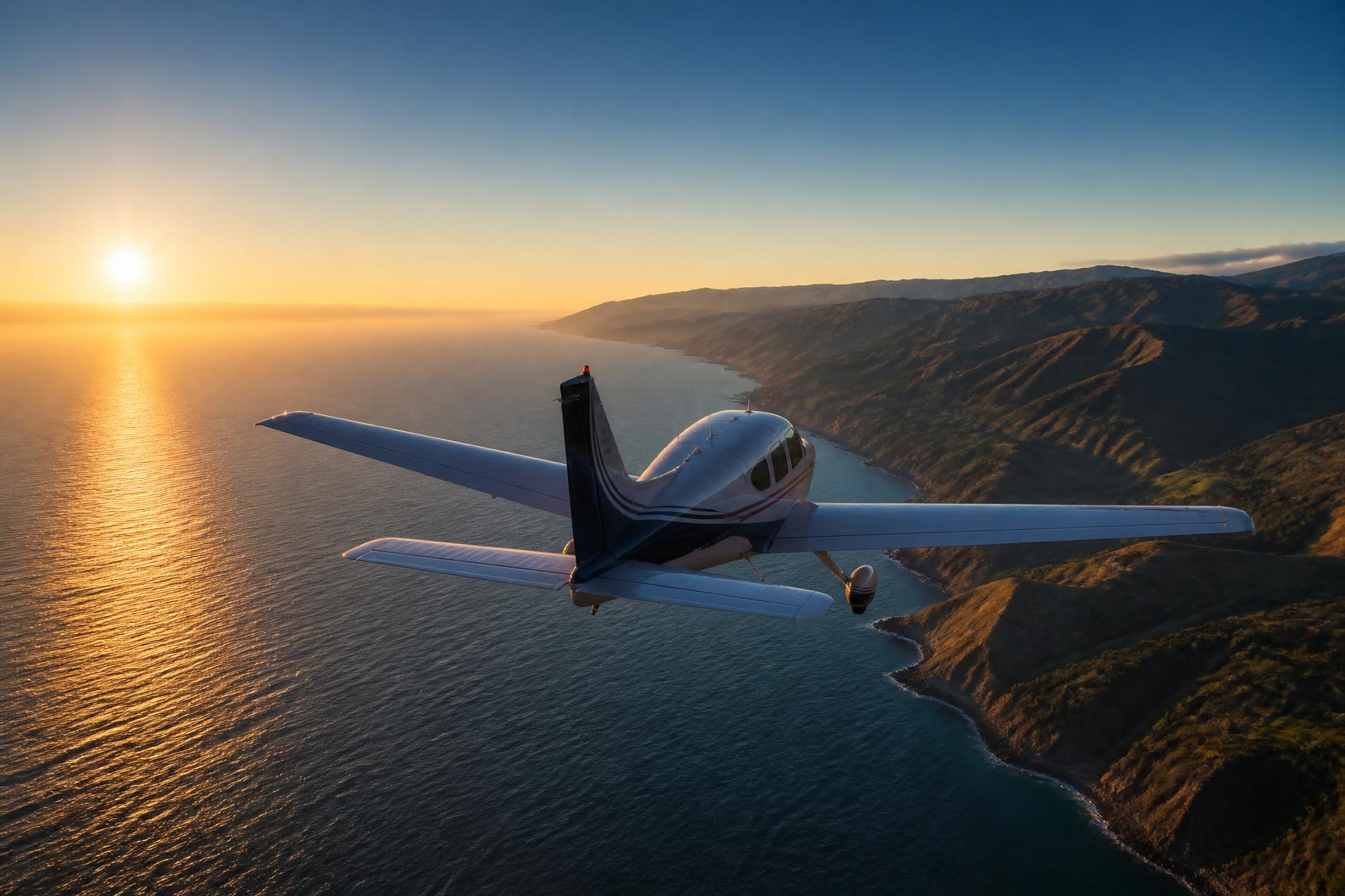 General aviation aircraft flying above a coastline at golden hour